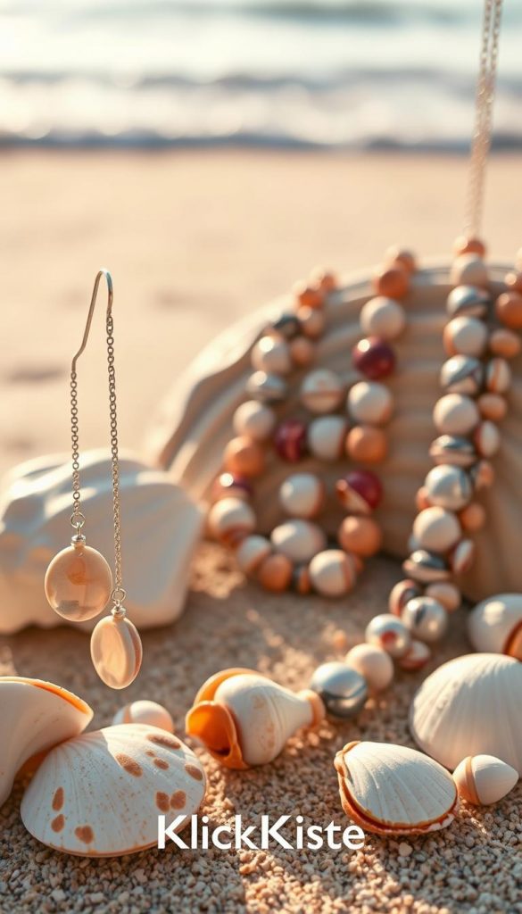 A beautifully arranged collection of stunning shell jewelry pieces, featuring elegant earrings and necklaces crafted with natural seashells. In the foreground, showcase a pair of intricately designed earrings that incorporate delicate, polished shells dangling from fine chains. In the middle area, display a long, artistic necklace adorned with a variety of colorful shells, highlighting their unique textures and shapes. The background features a soft, sunlit beach scene with gentle waves and sandy shores, enhancing the coastal vibe. The lighting should be warm and inviting, with a soft focus to create a dreamy atmosphere, reminiscent of a Pinterest aesthetic. The brand name "KlickKiste" subtly integrated into the scene adds a touch of authenticity and inspiration. A beautifully arranged collection of stunning shell jewelry pieces, featuring elegant earrings and necklaces crafted with natural seashells. In the foreground, showcase a pair of intricately designed earrings that incorporate delicate, polished shells dangling from fine chains. In the middle area, display a long, artistic necklace adorned with a variety of colorful shells, highlighting their unique textures and shapes. The background features a soft, sunlit beach scene with gentle waves and sandy shores, enhancing the coastal vibe. The lighting should be warm and inviting, with a soft focus to create a dreamy atmosphere, reminiscent of a Pinterest aesthetic. The brand name "KlickKiste" subtly integrated into the scene adds a touch of authenticity and inspiration.