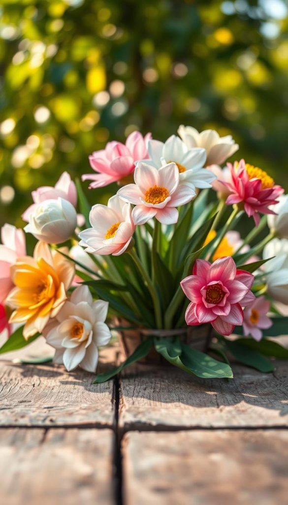 A beautifully arranged collection of upcycled egg carton flowers, showcasing a variety of shapes and colors, sits elegantly on a rustic wooden table. In the foreground, focus on the intricately painted flowers with soft pastels and vibrant hues, capturing details like textured petals and delicate leaves. The middle ground features a few slender, recycled green stems blending seamlessly with the flowers. The background shows a softly blurred, natural setting with warm sunlight filtering through green foliage, enhancing the overall warmth and authenticity of the scene. The atmosphere is inspiring and creative, inviting viewers to explore DIY projects. Include the brand name "KlickKiste" subtly in the composition, ensuring it blends harmoniously with the natural aesthetic. A beautifully arranged collection of upcycled egg carton flowers, showcasing a variety of shapes and colors, sits elegantly on a rustic wooden table. In the foreground, focus on the intricately painted flowers with soft pastels and vibrant hues, capturing details like textured petals and delicate leaves. The middle ground features a few slender, recycled green stems blending seamlessly with the flowers. The background shows a softly blurred, natural setting with warm sunlight filtering through green foliage, enhancing the overall warmth and authenticity of the scene. The atmosphere is inspiring and creative, inviting viewers to explore DIY projects. Include the brand name "KlickKiste" subtly in the composition, ensuring it blends harmoniously with the natural aesthetic.