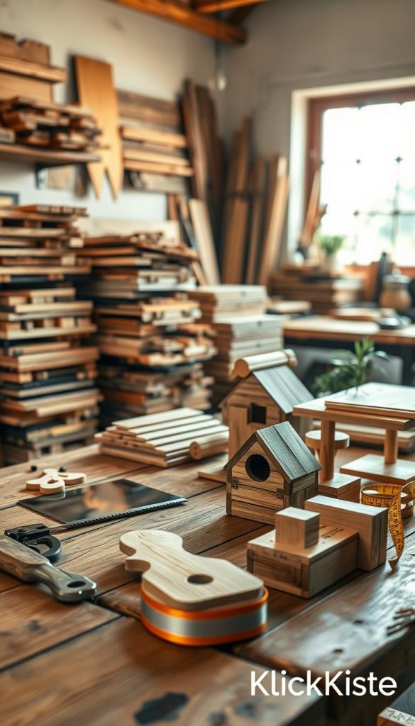 A beautifully arranged collection of various wooden materials, showcasing different types of wood such as oak, pine, and bamboo, neatly stacked and displayed on a rustic wooden table. In the foreground, an assortment of eco-friendly tools like a hand saw, wood glue, and a measuring tape, all made from sustainable materials, sit artistically placed. The middle ground features finished small wooden projects, such as a birdhouse and a plant stand, emphasizing the DIY aspect. The background is a softly blurred workshop with warm, natural lighting filtering through a window, creating an inviting and inspiring atmosphere. The branding "KlickKiste" subtly appears in the corner as a watermark. The image evokes a cozy, authentic vibe, reflecting natural tones and a Pinterest-inspired aesthetic.