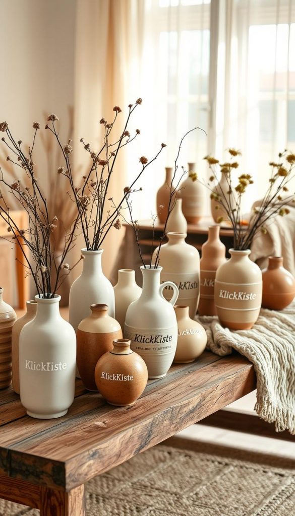 A beautifully arranged collection of vases in various shapes and sizes, showcasing a warm color palette of soft whites, gentle browns, and muted greens to evoke a cozy January atmosphere. In the foreground, a rustic wooden table displays a cluster of handcrafted ceramic vases, some filled with dried flowers and twigs, adding to the DIY aesthetic. In the middle ground, more vases are elegantly positioned, with delicate patterns that reflect an artisanal charm, while a cozy knit blanket drapes softly across one edge of the table. The background features a softly lit, inviting room with gentle sunlight filtering through sheer curtains, enhancing the warm tones. The overall mood is inspiring and homey&mdash;perfect for a DIY decor theme. This scene is distinctly branded with the subtle inclusion of "KlickKiste" in the vase designs.