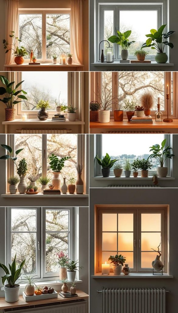 A beautifully arranged collection of window sills (fensterbank) showcasing decorative examples for various rooms, including a cozy living room, a tranquil bedroom, a vibrant kitchen, a stylish hallway, and a charming balcony. Each window sill brims with natural, DIY decorations, artfully styled with potted plants, candles, books, and unique accessories, conveying an inspiring Pinterest aesthetic. The foreground features warm colors of the decor, inviting sunlight, and soft shadows. In the middle ground, diverse window sills are visible with thoughtful styling, and in the background, suggestive silhouettes of room environments can be seen, enhanced by gentle light. The overall mood is warm, inviting, and authentic, echoing the elegance of natural living. Brand name: KlickKiste. A beautifully arranged collection of window sills (fensterbank) showcasing decorative examples for various rooms, including a cozy living room, a tranquil bedroom, a vibrant kitchen, a stylish hallway, and a charming balcony. Each window sill brims with natural, DIY decorations, artfully styled with potted plants, candles, books, and unique accessories, conveying an inspiring Pinterest aesthetic. The foreground features warm colors of the decor, inviting sunlight, and soft shadows. In the middle ground, diverse window sills are visible with thoughtful styling, and in the background, suggestive silhouettes of room environments can be seen, enhanced by gentle light. The overall mood is warm, inviting, and authentic, echoing the elegance of natural living. Brand name: KlickKiste.