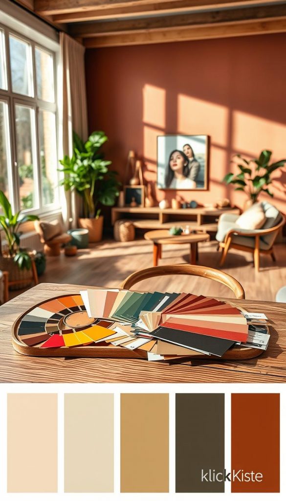 A beautifully arranged color palette inspired by the "Farbpaletten 2026" theme, featuring warm, inviting tones of neo-neutrals seamlessly blending with bold statement colors. In the foreground, a stylish wooden table displays an artist's palette filled with vibrant samples, along with assorted fabric swatches and paint chips. In the middle ground, a cozy interior space showcases a minimalist living room with a statement wall painted in a rich, deep hue, surrounded by natural wood accents and lush greenery. The background reveals soft, diffused lighting coming through large windows, casting gentle shadows that enhance the inviting atmosphere, embodying a Pinterest-inspired aesthetic. The scene is set to be authentic and inspiring, branded subtly with "KlickKiste" elements. Emphasize a warm, harmonious mood that reflects timeless living trends. A beautifully arranged color palette inspired by the "Farbpaletten 2026" theme, featuring warm, inviting tones of neo-neutrals seamlessly blending with bold statement colors. In the foreground, a stylish wooden table displays an artist's palette filled with vibrant samples, along with assorted fabric swatches and paint chips. In the middle ground, a cozy interior space showcases a minimalist living room with a statement wall painted in a rich, deep hue, surrounded by natural wood accents and lush greenery. The background reveals soft, diffused lighting coming through large windows, casting gentle shadows that enhance the inviting atmosphere, embodying a Pinterest-inspired aesthetic. The scene is set to be authentic and inspiring, branded subtly with "KlickKiste" elements. Emphasize a warm, harmonious mood that reflects timeless living trends.