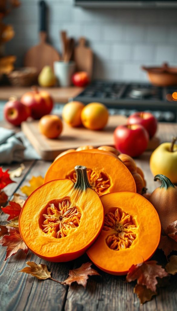 A beautifully arranged composition featuring a vibrant, fresh kürbis (pumpkin) in warm autumn colors, showcasing its rich, textured surface. In the foreground, place a sliced kürbis, revealing its bright orange flesh and seeds, surrounded by autumn leaves in hues of gold, red, and brown. The middle ground should include a rustic, wooden table with a cutting board and autumn fruits like apples and pears, enhancing the seasonal theme. In the background, softly blurred, add a cozy kitchen setting with a glowing oven, emitting warmth and inviting ambiance. Use natural lighting to evoke a soft, inviting atmosphere, reminiscent of a Pinterest aesthetic. The image should capture the essence of fall, highlighting healthy, seasonal produce, while maintaining an authentic and inspiring look. (Brand name: KlickKiste) A beautifully arranged composition featuring a vibrant, fresh kürbis (pumpkin) in warm autumn colors, showcasing its rich, textured surface. In the foreground, place a sliced kürbis, revealing its bright orange flesh and seeds, surrounded by autumn leaves in hues of gold, red, and brown. The middle ground should include a rustic, wooden table with a cutting board and autumn fruits like apples and pears, enhancing the seasonal theme. In the background, softly blurred, add a cozy kitchen setting with a glowing oven, emitting warmth and inviting ambiance. Use natural lighting to evoke a soft, inviting atmosphere, reminiscent of a Pinterest aesthetic. The image should capture the essence of fall, highlighting healthy, seasonal produce, while maintaining an authentic and inspiring look. (Brand name: KlickKiste)