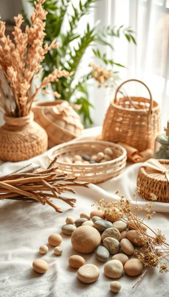 A beautifully arranged composition featuring various natural materials for crafting inspiration, embodying a modern, natural, Boho, and Scandinavian style. In the foreground, showcase textured items like wooden branches, pebbles, and dried flowers positioned artfully on a soft linen fabric. The middle ground should have elegant DIY creations such as woven baskets and simple floral arrangements, all reflecting warm earthy tones. In the background, incorporate soft, diffused sunlight filtering through greenery, enhancing the atmosphere with a serene, inviting feel. Use a warm color palette to evoke an authentic Pinterest aesthetic. Capture this scene with a soft-focus lens to emphasize a dreamy quality, creating an overall mood of inspiration and creativity for natural crafting. Brand: KlickKiste.