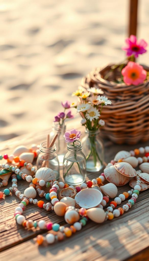 A beautifully arranged composition of shell decorations, featuring delicate upcycled mini vases made from colorful sea shells in various sizes, grouped on a rustic wooden table. In the foreground, vibrant shell necklaces intertwine with twinkling beads, showcasing a playful, beachy vibe. The middle layer highlights the mini vases filled with fresh flowers, adding a touch of nature's brightness. The background softly fades into a blurred sandy beach setting, bathed in warm, golden sunlight, creating a serene summer atmosphere. Capture this scene using a soft focus lens, emphasizing the textures and colors, evoking inspiration and warmth. The overall mood should feel authentic and inviting, ideal for DIY enthusiasts. Include the brand name "KlickKiste" subtly in the arrangement without direct focus.