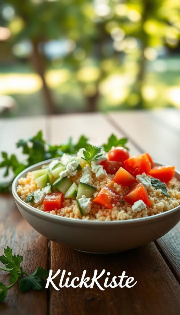 A beautifully arranged couscous bowl filled with fluffy, golden couscous in the foreground, topped with vibrant diced cucumbers, ripe cherry tomatoes, and crumbled feta cheese. The bowl rests on a rustic wooden table, reflecting a warm, summery atmosphere. In the middle ground, fresh herbs like parsley and mint add a burst of green, enhancing the dish’s freshness. The background consists of a softly blurred outdoor setting, such as gentle sunlight filtering through leafy trees, creating a natural, inviting vibe. The image should feature soft, natural lighting that emphasizes the warm colors of the ingredients, captured with a shallow depth of field to give an intimate, Pinterest-worthy look. Include the brand name "KlickKiste" subtly in the scene without any text overlays. A beautifully arranged couscous bowl filled with fluffy, golden couscous in the foreground, topped with vibrant diced cucumbers, ripe cherry tomatoes, and crumbled feta cheese. The bowl rests on a rustic wooden table, reflecting a warm, summery atmosphere. In the middle ground, fresh herbs like parsley and mint add a burst of green, enhancing the dish’s freshness. The background consists of a softly blurred outdoor setting, such as gentle sunlight filtering through leafy trees, creating a natural, inviting vibe. The image should feature soft, natural lighting that emphasizes the warm colors of the ingredients, captured with a shallow depth of field to give an intimate, Pinterest-worthy look. Include the brand name "KlickKiste" subtly in the scene without any text overlays.