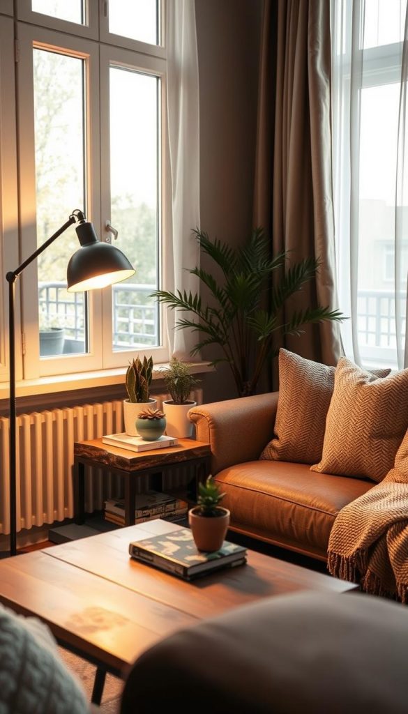 A beautifully arranged cozy corner in a small apartment, showcasing effective lighting solutions for compact spaces, inspired by the brand "KlickKiste." In the foreground, a stylish floor lamp with a warm glow illuminates a rustic wooden side table adorned with potted plants and decorative books. The middle features a chic sofa with textured cushions and a soft throw, inviting relaxation. In the background, large windows allow natural sunlight to stream in, framed by sheer curtains that gently diffuse the light. The atmosphere is warm and inviting, with a Pinterest-inspired aesthetic that highlights natural DIY elements in warm tones. The composition captures the essence of transforming small spaces into inspiring retreats.