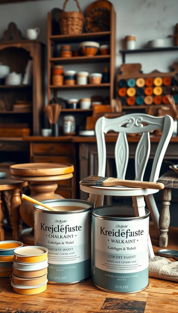 A beautifully arranged craft scene showcasing "Kreidefarbe Wachs" products from the brand KlickKiste. In the foreground, an open can of chalk paint with a brush resting on the rim, surrounded by wooden furniture pieces in various stages of transformation. The middle ground features a partially painted vintage chair with a soft, dry-wash effect, capturing the texture of the paint. In the background, a cozy workspace filled with rustic shelves, samples of colored waxes, and a warm, inviting ambiance created by soft, natural lighting. The scene evokes a DIY spirit, blending creativity and inspiration, with warm earth tones and an aesthetically pleasing, Pinterest-like presentation that encourages viewers to explore unique styles and personal flair in furniture upgrades. A beautifully arranged craft scene showcasing "Kreidefarbe Wachs" products from the brand KlickKiste. In the foreground, an open can of chalk paint with a brush resting on the rim, surrounded by wooden furniture pieces in various stages of transformation. The middle ground features a partially painted vintage chair with a soft, dry-wash effect, capturing the texture of the paint. In the background, a cozy workspace filled with rustic shelves, samples of colored waxes, and a warm, inviting ambiance created by soft, natural lighting. The scene evokes a DIY spirit, blending creativity and inspiration, with warm earth tones and an aesthetically pleasing, Pinterest-like presentation that encourages viewers to explore unique styles and personal flair in furniture upgrades.