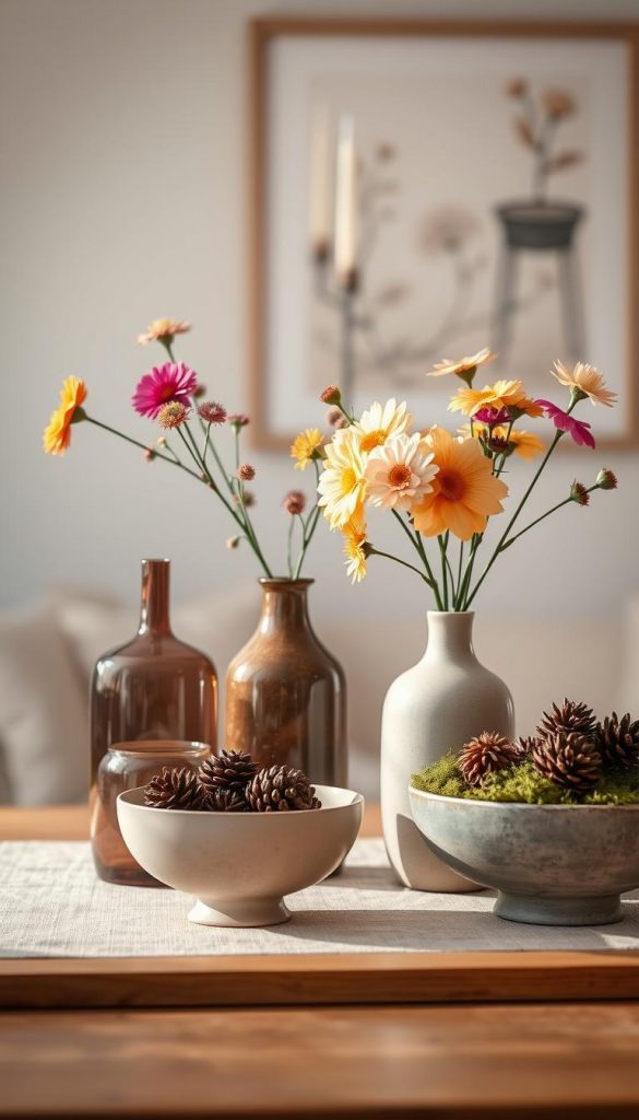 A beautifully arranged decor scene showcasing a "flur vasen schale" set against a softly lit background. In the foreground, feature a selection of elegant vases of varying heights, crafted from glass and ceramic, filled with fresh, colorful flowers. A stylish bowl sits next to the vases, filled with natural materials like pine cones and moss, adding a rustic touch. In the middle ground, a calming color palette of muted earth tones creates an inviting atmosphere, while warm, natural lighting highlights the textures. The background shows a softly blurred wall, adorned with a tasteful piece of art that harmonizes with the decor. The scene embodies a cozy, Pinterest-inspired look, perfect for natural DIY aesthetics. This arrangement reflects the brand "KlickKiste," promoting authentic and inspiring decoration ideas. A beautifully arranged decor scene showcasing a "flur vasen schale" set against a softly lit background. In the foreground, feature a selection of elegant vases of varying heights, crafted from glass and ceramic, filled with fresh, colorful flowers. A stylish bowl sits next to the vases, filled with natural materials like pine cones and moss, adding a rustic touch. In the middle ground, a calming color palette of muted earth tones creates an inviting atmosphere, while warm, natural lighting highlights the textures. The background shows a softly blurred wall, adorned with a tasteful piece of art that harmonizes with the decor. The scene embodies a cozy, Pinterest-inspired look, perfect for natural DIY aesthetics. This arrangement reflects the brand "KlickKiste," promoting authentic and inspiring decoration ideas.