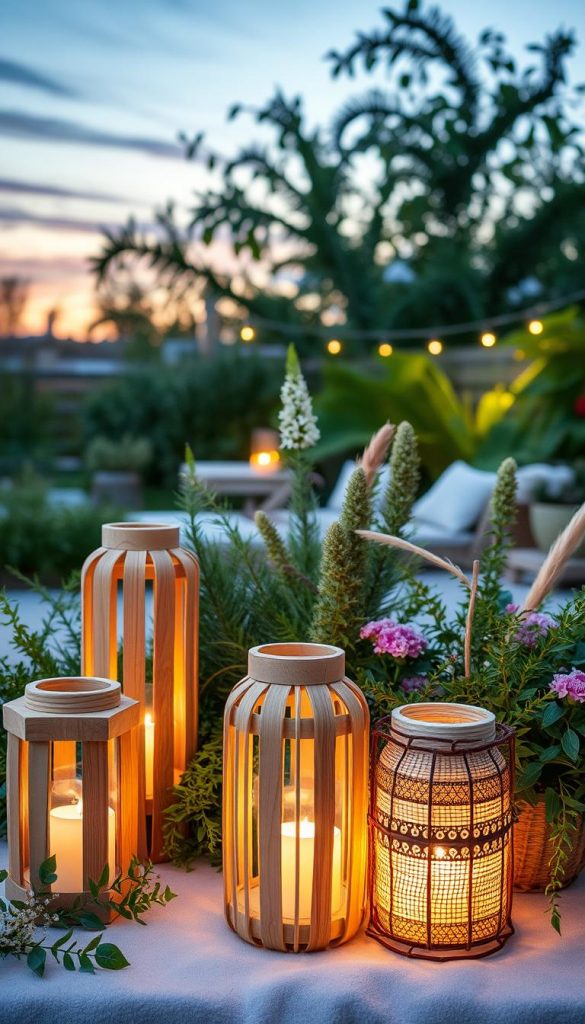 A beautifully arranged design inspiration for windlicht, showcasing a modern, natural, Boho, and Scandinavian aesthetic. In the foreground, several DIY lanterns made from natural materials like wood, glass, and woven fibers glow softly, their warm light illuminating the textures and details. In the middle ground, lush greenery surrounds the lanterns, with various plants and floral accents enhancing the organic atmosphere. The background features a serene outdoor setting, possibly a garden or patio, under a twilight sky that casts a gentle, warm hue. Use soft, diffused lighting to create a cozy and inviting mood, reminiscent of peaceful evenings spent outdoors, perfect for Pinterest-worthy inspiration. The scene embodies authentic creativity and tranquility, branded gracefully with "KlickKiste".