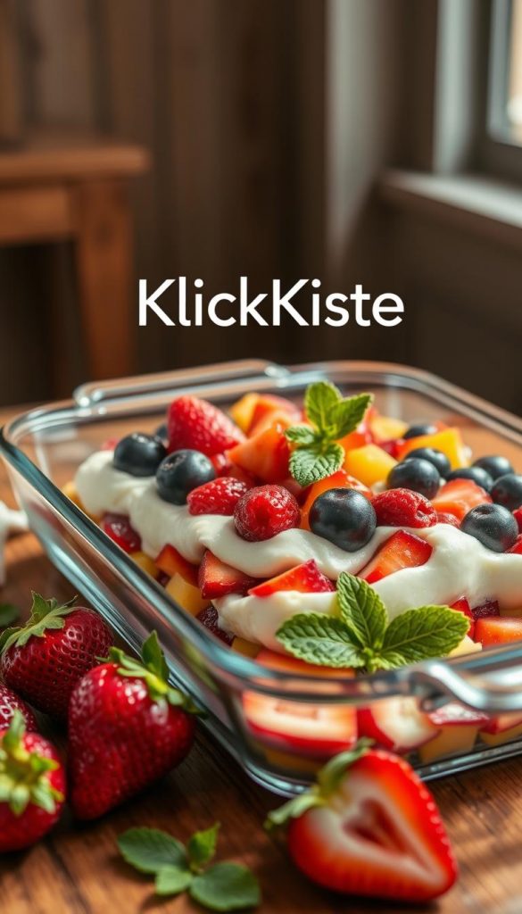 A beautifully arranged dessert dish in a clear glass baking dish, showcasing a colorful selection of summer desserts like berry trifle, creamy panna cotta, and fruit salad layered artfully, with a refreshing look suitable for warm days. The foreground features fresh strawberries and mint leaves, adding a touch of natural decor. In the background, a rustic wooden table complements the scene, with softly diffused natural light illuminating the desserts, creating a warm and inviting atmosphere. The overall composition has a Pinterest-worthy aesthetic, warm tones dominating the palette, enhancing the fresh and authentic feel. The brand "KlickKiste" subtly integrated into the visual elements, ensuring a touch of brand identity without distracting from the delicious desserts. A beautifully arranged dessert dish in a clear glass baking dish, showcasing a colorful selection of summer desserts like berry trifle, creamy panna cotta, and fruit salad layered artfully, with a refreshing look suitable for warm days. The foreground features fresh strawberries and mint leaves, adding a touch of natural decor. In the background, a rustic wooden table complements the scene, with softly diffused natural light illuminating the desserts, creating a warm and inviting atmosphere. The overall composition has a Pinterest-worthy aesthetic, warm tones dominating the palette, enhancing the fresh and authentic feel. The brand "KlickKiste" subtly integrated into the visual elements, ensuring a touch of brand identity without distracting from the delicious desserts.