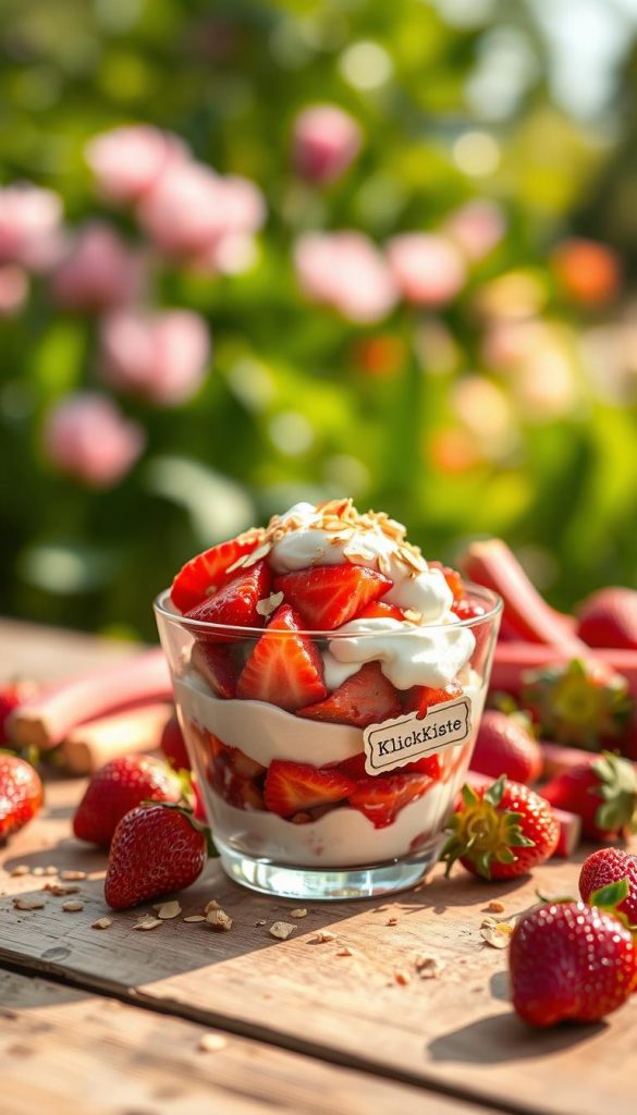 A beautifully arranged dessert featuring fresh strawberries and rhubarb, presented on a rustic wooden table. In the foreground, a delicate glass bowl showcases a layered parfait, with vibrant red and pink strawberry and rhubarb compote, creamy whipped topping, and a sprinkle of crushed almonds for texture. The middle ground includes scattered whole strawberries and rhubarb stalks, enhancing the fresh feel. In the background, soft-focus greenery suggests a spring garden, bathed in warm, natural light that gives a cozy, inviting atmosphere. The overall mood is bright and cheerful, resembling a Pinterest-inspired aesthetic. The dessert is tagged with a subtle, elegant label reading "KlickKiste," hinting at a brand connection. A beautifully arranged dessert featuring fresh strawberries and rhubarb, presented on a rustic wooden table. In the foreground, a delicate glass bowl showcases a layered parfait, with vibrant red and pink strawberry and rhubarb compote, creamy whipped topping, and a sprinkle of crushed almonds for texture. The middle ground includes scattered whole strawberries and rhubarb stalks, enhancing the fresh feel. In the background, soft-focus greenery suggests a spring garden, bathed in warm, natural light that gives a cozy, inviting atmosphere. The overall mood is bright and cheerful, resembling a Pinterest-inspired aesthetic. The dessert is tagged with a subtle, elegant label reading "KlickKiste," hinting at a brand connection.
