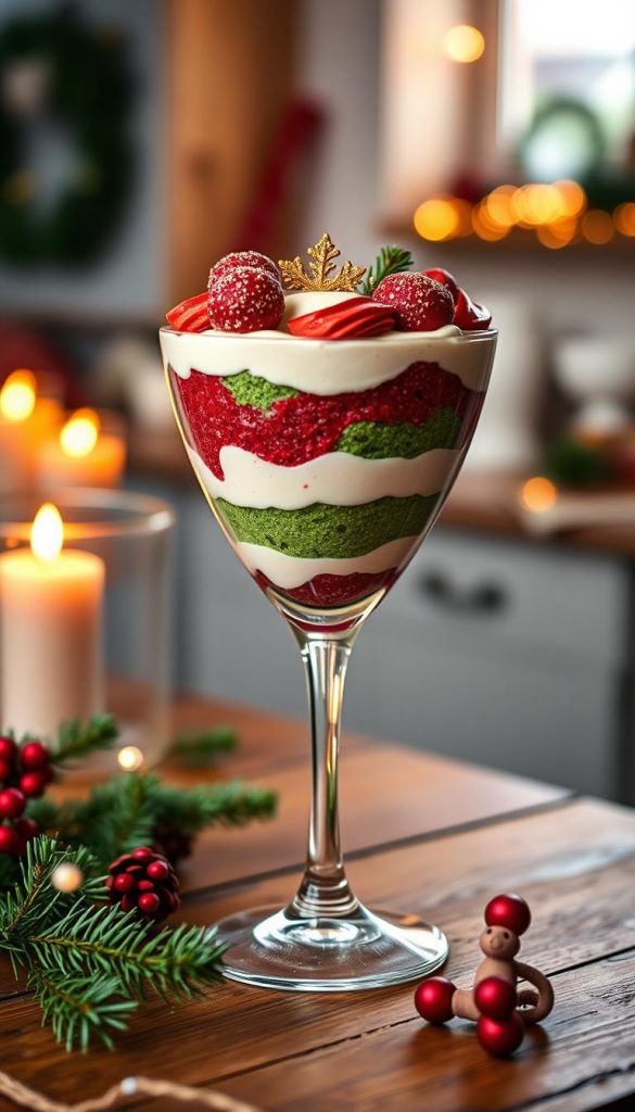 A beautifully arranged dessert glass filled with layers of rich, creamy mousse in Christmas colors: deep reds, greens, and hints of gold. The dessert glass, elegant and tall, sits on a rustic wooden table adorned with subtle Christmas decorations like evergreen sprigs and twinkling fairy lights. In the background, a soft focus of a cozy kitchen with warm candlelight enhances the inviting atmosphere. The overall lighting is warm and gently diffused, creating a festive glow that invites indulgence. This image embodies the spirit of family gatherings, sharing sweet delights, and Christmas cheer. Style the scene with a Pinterest aesthetic, highlighting authentic and inspiring holiday vibes, and seamlessly incorporate the brand name "KlickKiste" into the setting.