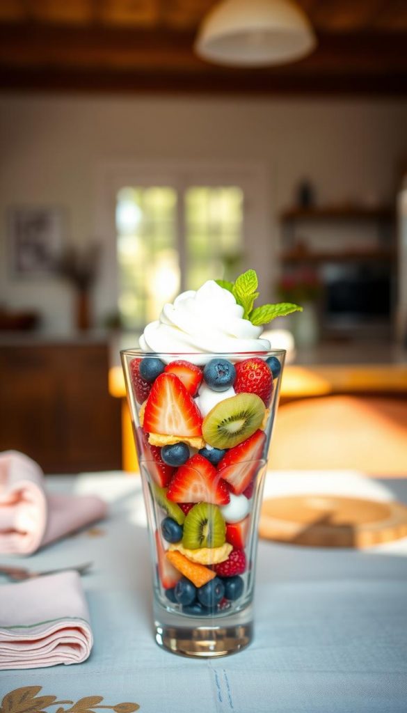 A beautifully arranged dessert glass filled with layers of vibrant, fresh fruits like strawberries, blueberries, and kiwi, topped with a dollop of creamy whipped cream and a sprig of mint. In the foreground, focus on the glass, capturing the colorful layers and textures in high detail. The middle ground features an elegant table setting with rustic wooden accents and soft pastel napkins, enhancing the inviting atmosphere. In the background, a sunlit kitchen with warm, natural lighting creates a cozy ambiance, reminiscent of a sunny day. Use a shallow depth of field to blur the background slightly and draw attention to the dessert. The overall mood is joyful and refreshing, perfect for a warm day, conveying a sense of inspiration for simple summer treats. Ensure the scene reflects a Pinterest aesthetic, with a warm color palette. Brand name: KlickKiste. A beautifully arranged dessert glass filled with layers of vibrant, fresh fruits like strawberries, blueberries, and kiwi, topped with a dollop of creamy whipped cream and a sprig of mint. In the foreground, focus on the glass, capturing the colorful layers and textures in high detail. The middle ground features an elegant table setting with rustic wooden accents and soft pastel napkins, enhancing the inviting atmosphere. In the background, a sunlit kitchen with warm, natural lighting creates a cozy ambiance, reminiscent of a sunny day. Use a shallow depth of field to blur the background slightly and draw attention to the dessert. The overall mood is joyful and refreshing, perfect for a warm day, conveying a sense of inspiration for simple summer treats. Ensure the scene reflects a Pinterest aesthetic, with a warm color palette. Brand name: KlickKiste.