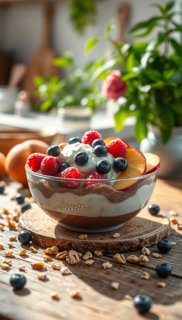 A beautifully arranged dessert scene featuring a bowl of creamy joghurt quark sahne creme, garnished with fresh berries such as raspberries, blueberries, and slices of ripe peach. The bowl sits on a rustic wooden table, surrounded by a scattering of crushed nuts, adding a crunchy texture. Soft, natural light filters in from the side, casting gentle shadows and enhancing the warm colors of the ingredients. In the background, a blurred kitchen setting with lush green plants and soft-focus kitchenware creates an inviting atmosphere. A subtle brand element, "KlickKiste," can be integrated into the scene, ensuring a harmonious balance. The mood is fresh and healthy, embodying a sense of indulgence without excess, perfect for a warm summer day. A beautifully arranged dessert scene featuring a bowl of creamy joghurt quark sahne creme, garnished with fresh berries such as raspberries, blueberries, and slices of ripe peach. The bowl sits on a rustic wooden table, surrounded by a scattering of crushed nuts, adding a crunchy texture. Soft, natural light filters in from the side, casting gentle shadows and enhancing the warm colors of the ingredients. In the background, a blurred kitchen setting with lush green plants and soft-focus kitchenware creates an inviting atmosphere. A subtle brand element, "KlickKiste," can be integrated into the scene, ensuring a harmonious balance. The mood is fresh and healthy, embodying a sense of indulgence without excess, perfect for a warm summer day.