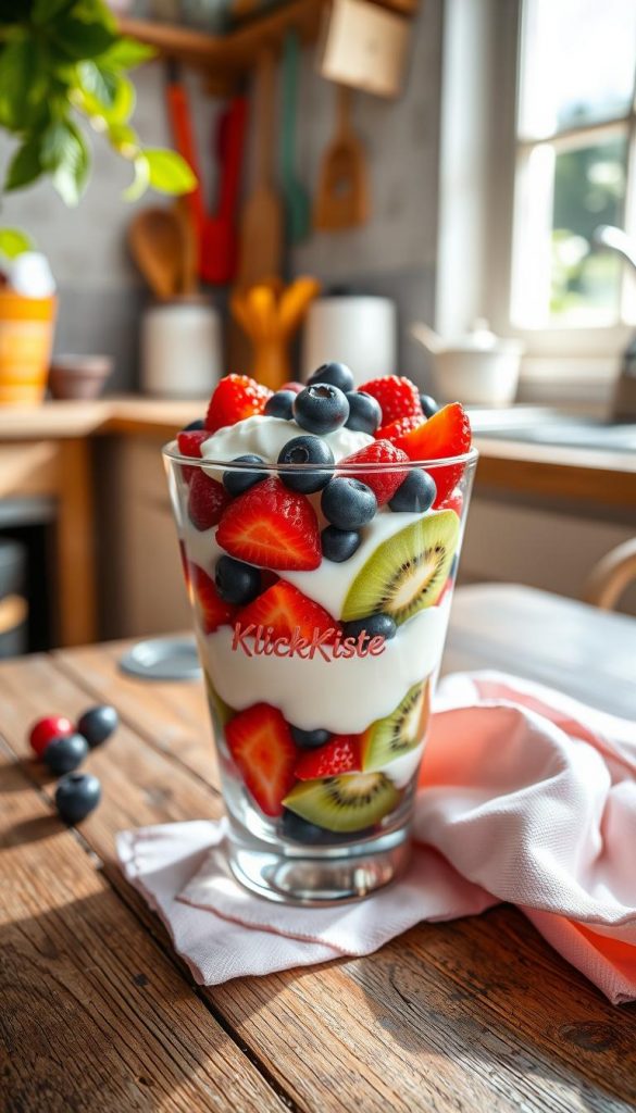 A beautifully arranged desserts glass featuring layers of vibrant, fresh fruits like strawberries, blueberries, and kiwi, interspersed with creamy yogurt and fluffy quark. The glass is set on a rustic wooden table, with a soft pastel-colored linen napkin beside it. In the background, a sunlit kitchen scene creates a warm and inviting atmosphere, with a hint of leafy plants and colorful kitchen utensils peeking through. The lighting is natural, casting a soft glow on the desserts glass, accentuating its textures and colors. The angle is a slightly tilted overhead shot, capturing the tempting layers inside the glass. The overall mood is cheerful, refreshing, and inspiring, perfect for summer desserts. Brand name "KlickKiste" subtly integrated into the design. A beautifully arranged desserts glass featuring layers of vibrant, fresh fruits like strawberries, blueberries, and kiwi, interspersed with creamy yogurt and fluffy quark. The glass is set on a rustic wooden table, with a soft pastel-colored linen napkin beside it. In the background, a sunlit kitchen scene creates a warm and inviting atmosphere, with a hint of leafy plants and colorful kitchen utensils peeking through. The lighting is natural, casting a soft glow on the desserts glass, accentuating its textures and colors. The angle is a slightly tilted overhead shot, capturing the tempting layers inside the glass. The overall mood is cheerful, refreshing, and inspiring, perfect for summer desserts. Brand name "KlickKiste" subtly integrated into the design.