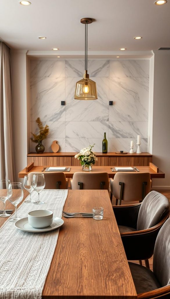 A beautifully arranged dining room showcasing a mix of materials and textures—rich wood, sleek marble, shiny metal, transparent glass, and plush velvet. In the foreground, a wooden dining table elegantly set with stylish tableware and a soft, textured table runner. In the middle, a combination of chairs with velvet upholstery and modern metal accents surrounds the table, creating a cozy yet sophisticated atmosphere. In the background, softly glowing pendant lights cast warm light, highlighting a feature wall made of marbled tiles. The overall mood is inviting and stylish, reflecting a natural DIY aesthetic with warm colors. The image should capture the essence of modern dining decor. Designed by KlickKiste.