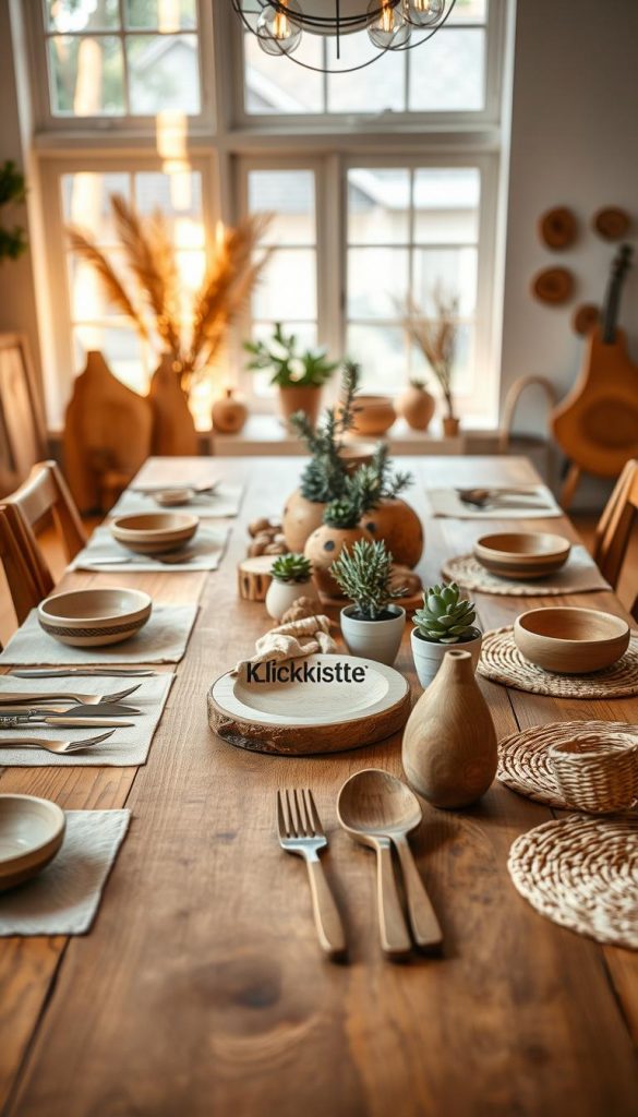 A beautifully arranged dining space featuring various wood decorations, showcasing sustainably sourced wooden elements. In the foreground, a rustic wooden table is adorned with natural linen table runners and handcrafted wooden utensils. In the middle, an assortment of decorative items such as carved wooden bowls, small potted plants in ceramic pots, and woven placemats made from natural fibers. The background features a softly lit atmosphere with warm, ambient lighting filtering through large windows, casting gentle shadows. The scene embodies a cozy, inviting mood, perfect for a Pinterest-inspired aesthetic. The brand name "KlickKiste" subtly featured in the decor items. Use a slightly overhead angle to capture the entire setting while maintaining focus on the intricate details of the wood decor. A beautifully arranged dining space featuring various wood decorations, showcasing sustainably sourced wooden elements. In the foreground, a rustic wooden table is adorned with natural linen table runners and handcrafted wooden utensils. In the middle, an assortment of decorative items such as carved wooden bowls, small potted plants in ceramic pots, and woven placemats made from natural fibers. The background features a softly lit atmosphere with warm, ambient lighting filtering through large windows, casting gentle shadows. The scene embodies a cozy, inviting mood, perfect for a Pinterest-inspired aesthetic. The brand name "KlickKiste" subtly featured in the decor items. Use a slightly overhead angle to capture the entire setting while maintaining focus on the intricate details of the wood decor.