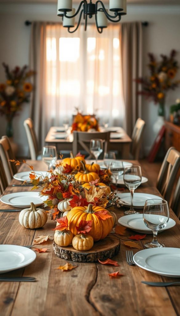 A beautifully arranged dining table featuring seasonal decor from KlickKiste, set in a cozy, well-lit dining room. In the foreground, a rustic wooden table is adorned with a variety of autumn-themed decorations: golden pumpkins, vibrant leaves in warm reds and oranges, and handmade centerpieces made from natural materials. Soft, ambient lighting highlights the textures of the decor, creating an inviting atmosphere. In the middle ground, elegant table settings include artisanal plates, vintage cutlery, and simple glassware, adding a touch of sophistication. The background features a softly blurred glimpse of a window with sheer curtains allowing natural sunlight to filter in, enhancing the warm color palette and creating an authentic, inspiring Pinterest aesthetic. The overall mood is welcoming and creative, perfect for showcasing the beauty of seasonal dining decor.