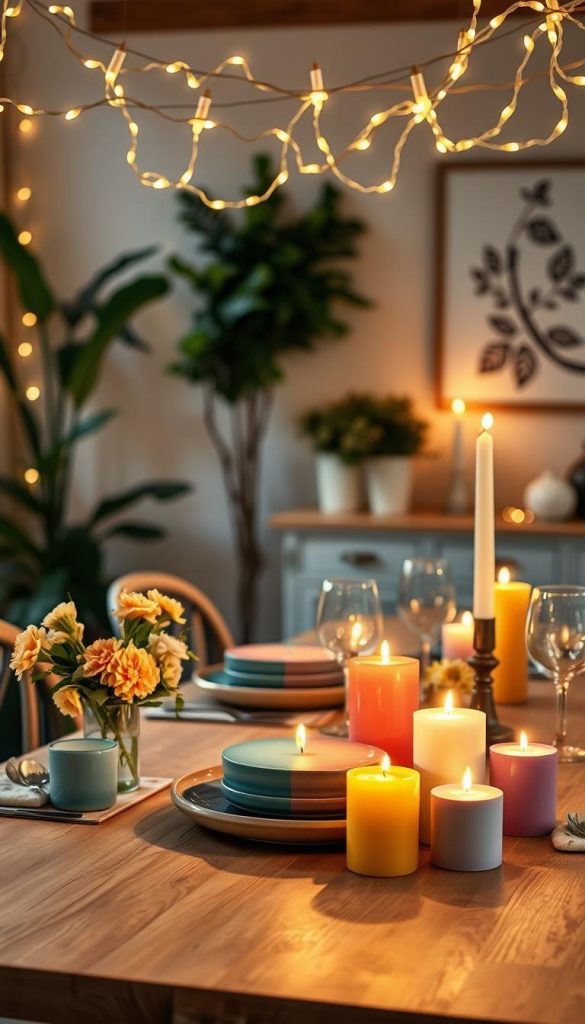 A beautifully arranged dining table illuminated by soft, golden candlelight, surrounded by delicate fairy lights draped elegantly overhead. The table features a natural wooden surface adorned with fresh summer flowers, glazed ceramic plates, and stylish glassware, creating an inviting atmosphere. In the foreground, a collection of colorful candles flicker gently, casting playful shadows. In the background, a cozy dining room setting with a tastefully decorated wall and lush greenery adds depth to the scene. The warm colors and natural elements evoke a sense of tranquility and warmth, perfect for long summer evenings. The overall mood is relaxed and inspiring, reflecting a modern yet inviting summer dining experience. Incorporate the brand name "KlickKiste" subtly into the decor. A beautifully arranged dining table illuminated by soft, golden candlelight, surrounded by delicate fairy lights draped elegantly overhead. The table features a natural wooden surface adorned with fresh summer flowers, glazed ceramic plates, and stylish glassware, creating an inviting atmosphere. In the foreground, a collection of colorful candles flicker gently, casting playful shadows. In the background, a cozy dining room setting with a tastefully decorated wall and lush greenery adds depth to the scene. The warm colors and natural elements evoke a sense of tranquility and warmth, perfect for long summer evenings. The overall mood is relaxed and inspiring, reflecting a modern yet inviting summer dining experience. Incorporate the brand name "KlickKiste" subtly into the decor.