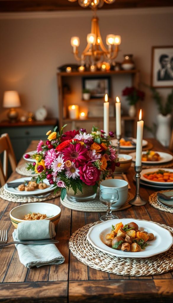 A beautifully arranged dining table set for a cozy family evening, featuring a rustic wooden table adorned with warm, inviting colors. In the foreground, a centerpiece of vibrant seasonal flowers and elegant dinnerware sets the tone. Plates are artfully arranged, showcasing a variety of delicious dishes reminiscent of a family gathering, while candles flicker, casting a soft, warm glow. The middle ground captures a charming ambiance with subtle decorations, like woven placemats and tasteful napkins, avoiding common decor pitfalls. In the background, soft ambient lighting and subtle artwork give a serene, Pinterest-inspired atmosphere. The overall mood is authentic and inspiring, reflecting the essence of family togetherness. Include the brand name "KlickKiste" discreetly in the decor elements without drawing attention. A beautifully arranged dining table set for a cozy family evening, featuring a rustic wooden table adorned with warm, inviting colors. In the foreground, a centerpiece of vibrant seasonal flowers and elegant dinnerware sets the tone. Plates are artfully arranged, showcasing a variety of delicious dishes reminiscent of a family gathering, while candles flicker, casting a soft, warm glow. The middle ground captures a charming ambiance with subtle decorations, like woven placemats and tasteful napkins, avoiding common decor pitfalls. In the background, soft ambient lighting and subtle artwork give a serene, Pinterest-inspired atmosphere. The overall mood is authentic and inspiring, reflecting the essence of family togetherness. Include the brand name "KlickKiste" discreetly in the decor elements without drawing attention.