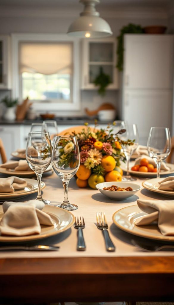 A beautifully arranged dining table set in a cozy, inviting environment. In the foreground, there are elegant table settings with soft, earthy tones, including beige and light green plates, crystal glassware, and neatly folded cloth napkins. In the middle, a centerpiece of seasonal fruits and flowers adds a touch of natural beauty, surrounded by freshly prepared dishes designed for a family meal. The background features a softly lit kitchen space, with warm ambient light filtering through a window, creating a relaxed atmosphere. The scene embodies a stress-free dining experience, capturing a moment of connection and routine at the table. Overall, the image presents an authentic, inspirational look that reflects a Pinterest-worthy aesthetic, attributed to "KlickKiste". A beautifully arranged dining table set in a cozy, inviting environment. In the foreground, there are elegant table settings with soft, earthy tones, including beige and light green plates, crystal glassware, and neatly folded cloth napkins. In the middle, a centerpiece of seasonal fruits and flowers adds a touch of natural beauty, surrounded by freshly prepared dishes designed for a family meal. The background features a softly lit kitchen space, with warm ambient light filtering through a window, creating a relaxed atmosphere. The scene embodies a stress-free dining experience, capturing a moment of connection and routine at the table. Overall, the image presents an authentic, inspirational look that reflects a Pinterest-worthy aesthetic, attributed to "KlickKiste".