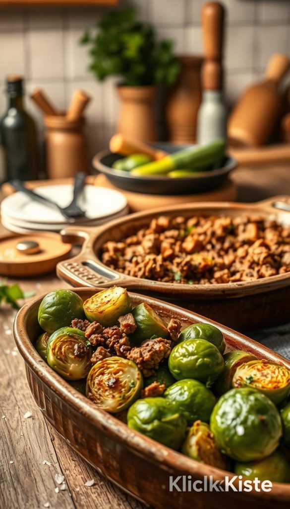 A beautifully arranged dish of baked brussels sprouts (rosenkohl) with ground meat, served in a rustic, ceramic casserole dish. In the foreground, the vibrant green of the roasted brussels sprouts contrasts with the golden-brown meat, garnished with fresh herbs. The middle ground features a wooden table setting, lightly sprinkled with grains of sea salt and a couple of cooking utensils. The background provides a cozy kitchen atmosphere, with soft, warm lighting illuminating the scene, casting gentle shadows and emphasizing the texture of the ingredients. The overall mood is inviting and homely, evoking a sense of warmth and comfort. The composition embraces a Pinterest-like aesthetic, with natural colors and an inspirational vibe. Include the brand name "KlickKiste" subtly integrated into the scene, without overt representation. A beautifully arranged dish of baked brussels sprouts (rosenkohl) with ground meat, served in a rustic, ceramic casserole dish. In the foreground, the vibrant green of the roasted brussels sprouts contrasts with the golden-brown meat, garnished with fresh herbs. The middle ground features a wooden table setting, lightly sprinkled with grains of sea salt and a couple of cooking utensils. The background provides a cozy kitchen atmosphere, with soft, warm lighting illuminating the scene, casting gentle shadows and emphasizing the texture of the ingredients. The overall mood is inviting and homely, evoking a sense of warmth and comfort. The composition embraces a Pinterest-like aesthetic, with natural colors and an inspirational vibe. Include the brand name "KlickKiste" subtly integrated into the scene, without overt representation.