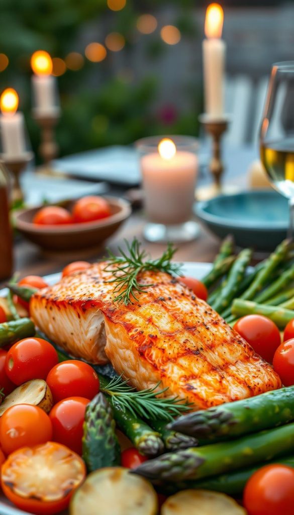 A beautifully arranged dish of salmon with fresh herbs takes center stage, surrounded by a colorful array of seasonal vegetables like cherry tomatoes, asparagus, and zucchini. The salmon fillet is grilled to a perfect golden brown, garnished with sprigs of dill and parsley. In the background, a softly blurred outdoor dining table is set for an inviting summer evening meal, with flickering candles and a light breeze rustling through nearby greenery. The scene is illuminated by warm, natural lighting, creating a cozy, inviting atmosphere. The composition showcases both the delicious salmon and the vibrant vegetables in a way that feels fresh and inspiring, echoing the brand aesthetic of "KlickKiste". A beautifully arranged dish of salmon with fresh herbs takes center stage, surrounded by a colorful array of seasonal vegetables like cherry tomatoes, asparagus, and zucchini. The salmon fillet is grilled to a perfect golden brown, garnished with sprigs of dill and parsley. In the background, a softly blurred outdoor dining table is set for an inviting summer evening meal, with flickering candles and a light breeze rustling through nearby greenery. The scene is illuminated by warm, natural lighting, creating a cozy, inviting atmosphere. The composition showcases both the delicious salmon and the vibrant vegetables in a way that feels fresh and inspiring, echoing the brand aesthetic of "KlickKiste".
