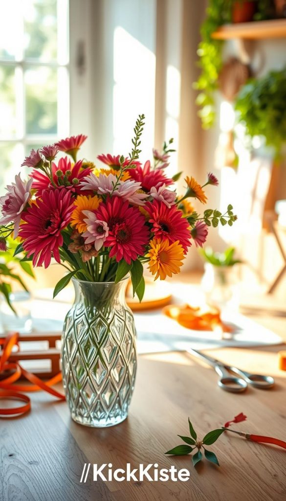 A beautifully arranged display featuring Sicherheit Glas (safety glass) integrated into a DIY vase project. In the foreground, showcase a clear, intricately shaped safety glass vase filled with vibrant, seasonal flowers, creating a contrast with the sleek glass. In the middle ground, a well-organized workspace adorned with tools like scissors and ribbons, subtly hinting at the DIY process. The background should feature soft natural lighting streaming through a window, illuminating the scene and creating warm, inviting tones. Capture a Pinterest-inspired aesthetic, with rustic wood surfaces and lush greenery, evoking a sense of authenticity and inspiration. The brand "KlickKiste" is subtly included within the scene, enhancing the overall charm without distracting from the primary focus on the safety glass vase.