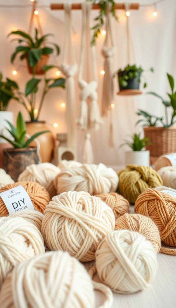 A beautifully arranged display of 100% cotton yarn in various natural and warm colors, including cream, beige, soft browns, and greens. In the foreground, a close-up of the vibrant yarn balls is showcased, emphasizing their soft texture and organic look. The middle layer features various macram&eacute; knots crafted from the cotton yarn, elegantly hanging or laid out on a light wooden surface, illustrating the DIY aspect. In the background, a softly blurred setup of a cozy crafting space, adorned with houseplants and warm lighting, evokes an inviting and inspirational atmosphere. The scene should reflect a Pinterest aesthetic, creating a sense of authenticity and creativity, showcasing the brand "KlickKiste" as a source for crafting inspiration.