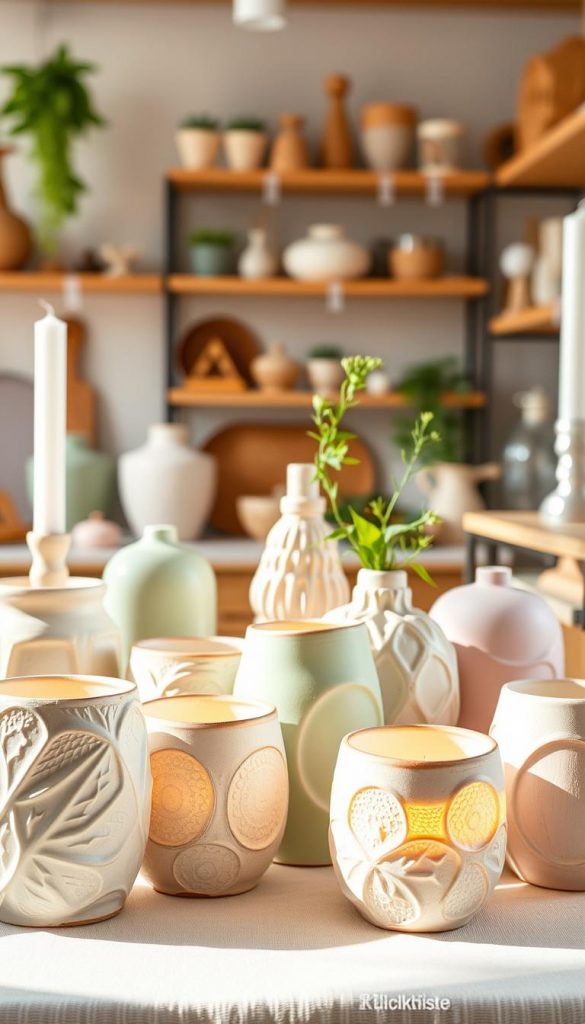 A beautifully arranged display of DIY candle holders and decorative objects, showcasing a soft color palette of pastel greens, blush pinks, and warm neutrals. In the foreground, a collection of uniquely shaped ceramic candle holders with intricate textures, illuminated by soft, natural light. The middle ground features a few handmade decorative sculptures made from eco-friendly materials, accented with sprigs of fresh greenery. The background has a subtle, blurred aesthetic of a sunlit workshop with wooden shelves, creating a cozy and inviting atmosphere. The entire composition should embody an authentic Pinterest-inspired look, capturing a warm, inspiring mood for the spring and early summer season. Branding elements of "KlickKiste" are subtly integrated into the design as a touch of sophistication.