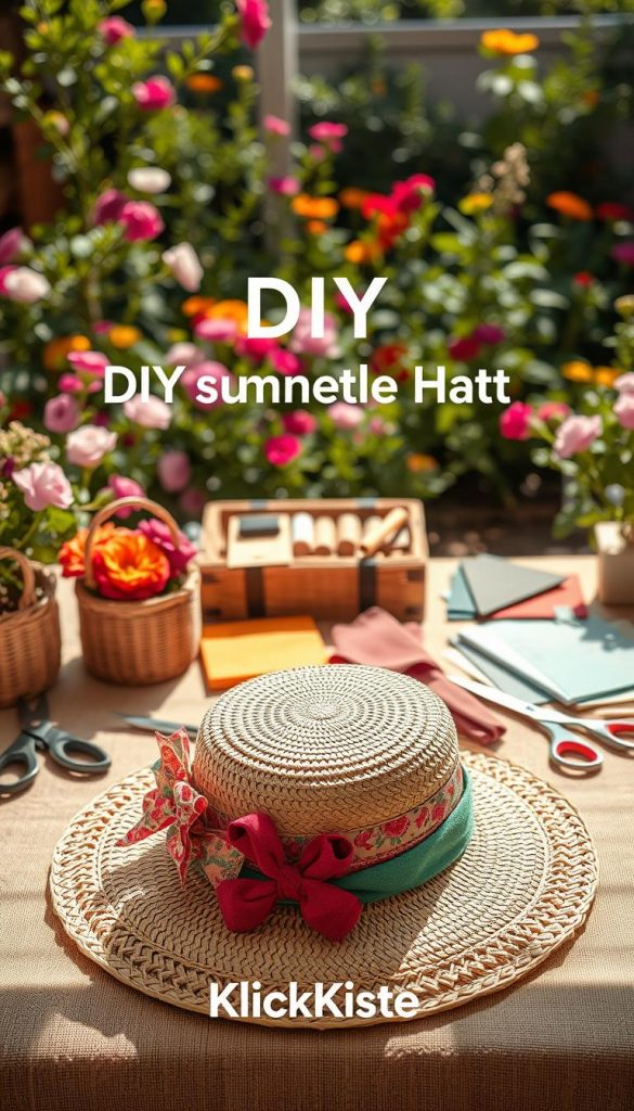 A beautifully arranged display of a stylish DIY summer hat in the foreground, crafted from natural materials like straw and adorned with colorful fabric accents. The middle ground features an artist's workspace filled with tools—scissors, fabric swatches, and thread—highlighting the crafting process. In the background, a sunlit garden creates a warm, inviting atmosphere with vibrant flowers and greenery. Soft, natural lighting enhances the scene, casting gentle shadows for a cozy feel. The overall composition embodies a Pinterest-inspired aesthetic, with a focus on authenticity and inspiration. The brand name "KlickKiste" subtly integrated into the scene, capturing the essence of summer creativity and practicality. A beautifully arranged display of a stylish DIY summer hat in the foreground, crafted from natural materials like straw and adorned with colorful fabric accents. The middle ground features an artist's workspace filled with tools—scissors, fabric swatches, and thread—highlighting the crafting process. In the background, a sunlit garden creates a warm, inviting atmosphere with vibrant flowers and greenery. Soft, natural lighting enhances the scene, casting gentle shadows for a cozy feel. The overall composition embodies a Pinterest-inspired aesthetic, with a focus on authenticity and inspiration. The brand name "KlickKiste" subtly integrated into the scene, capturing the essence of summer creativity and practicality.