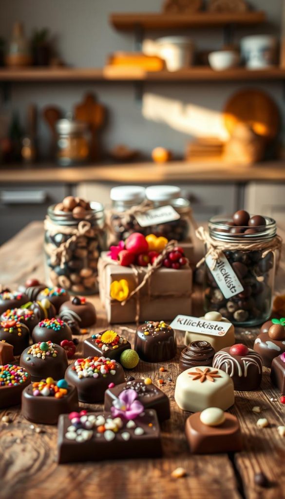 A beautifully arranged display of artisanal chocolate creations on a rustic wooden table, evoking a warm, inviting atmosphere. In the foreground, a variety of chocolates, including dark, milk, and white chocolate, are elegantly decorated with colorful sprinkles, edible flowers, and vibrant fruits. The middle ground features small DIY gift boxes and jars filled with chocolate treats, wrapped in rustic twine and labeled with charming tags. The background showcases a softly blurred kitchen setting with warm, natural light illuminating the scene, casting gentle shadows. The overall mood is cozy and cheerful, perfect for inspiring DIY gift ideas. Brand name "KlickKiste" subtly incorporated into the decorations, enhancing the authentic and Pinterest-worthy aesthetic.