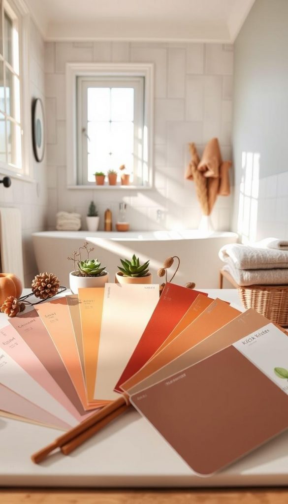 A beautifully arranged display of color palettes featuring warm, inviting tones, perfect for a small bathroom setup. In the foreground, a variety of paint swatches and fabric samples are laid out artistically, showcasing soft pastels and earthy hues. The middle ground features complementary seasonal decorations, such as small potted plants and neutral-toned towels folded neatly. In the background, a serene bathroom scene is softly illuminated by natural light filtering through a window, casting gentle shadows. The overall mood is cozy and inspiring, evoking a DIY aesthetic that is both authentic and warm, ideal for Pinterest enthusiasts. The brand name "KlickKiste" is subtly integrated into the background design elements, enhancing the visual appeal without being obtrusive. A beautifully arranged display of color palettes featuring warm, inviting tones, perfect for a small bathroom setup. In the foreground, a variety of paint swatches and fabric samples are laid out artistically, showcasing soft pastels and earthy hues. The middle ground features complementary seasonal decorations, such as small potted plants and neutral-toned towels folded neatly. In the background, a serene bathroom scene is softly illuminated by natural light filtering through a window, casting gentle shadows. The overall mood is cozy and inspiring, evoking a DIY aesthetic that is both authentic and warm, ideal for Pinterest enthusiasts. The brand name "KlickKiste" is subtly integrated into the background design elements, enhancing the visual appeal without being obtrusive.