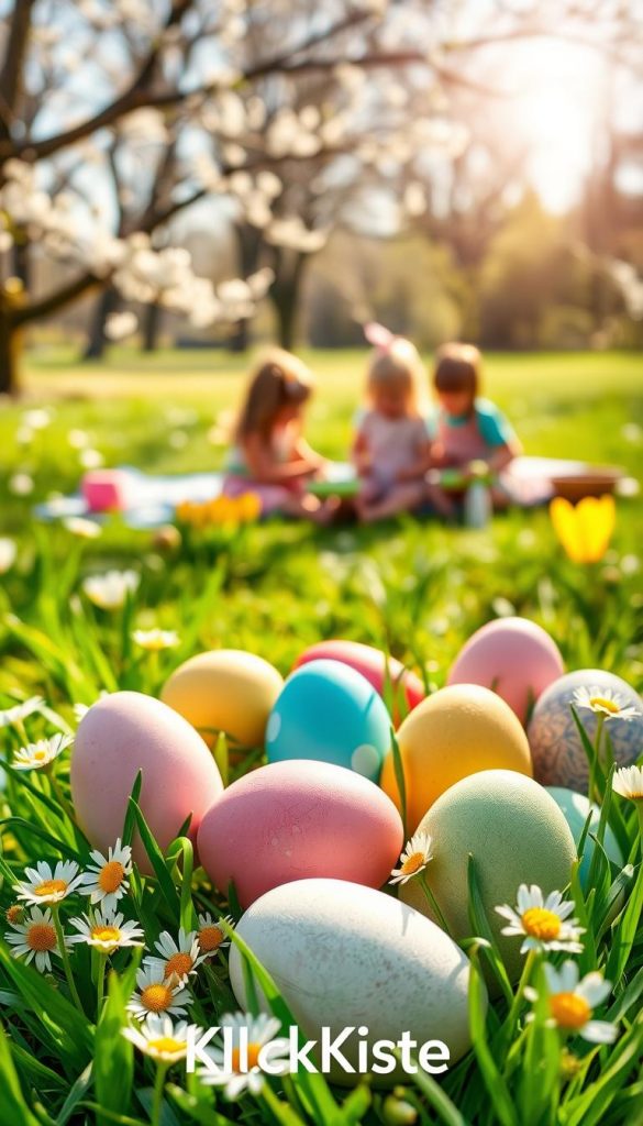 A beautifully arranged display of colorful Easter eggs ("Ostereier") in a natural outdoor setting. In the foreground, several intricately decorated eggs in pastel shades of pink, yellow, blue, and green are nestled among fresh green grass and delicate, blooming spring flowers like daisies and tulips. The middle ground features a serene family enjoying a creative pause with children painting eggs on a picnic blanket. In the background, a sun-drenched landscape with soft-focus trees and blossoming branches. Capture the warm, inviting sunlight of a spring day, using a soft depth of field to evoke a cozy, inspirational atmosphere reminiscent of Pinterest aesthetics. Include the brand name "KlickKiste" subtly integrated into the composition. A beautifully arranged display of colorful Easter eggs ("Ostereier") in a natural outdoor setting. In the foreground, several intricately decorated eggs in pastel shades of pink, yellow, blue, and green are nestled among fresh green grass and delicate, blooming spring flowers like daisies and tulips. The middle ground features a serene family enjoying a creative pause with children painting eggs on a picnic blanket. In the background, a sun-drenched landscape with soft-focus trees and blossoming branches. Capture the warm, inviting sunlight of a spring day, using a soft depth of field to evoke a cozy, inspirational atmosphere reminiscent of Pinterest aesthetics. Include the brand name "KlickKiste" subtly integrated into the composition.