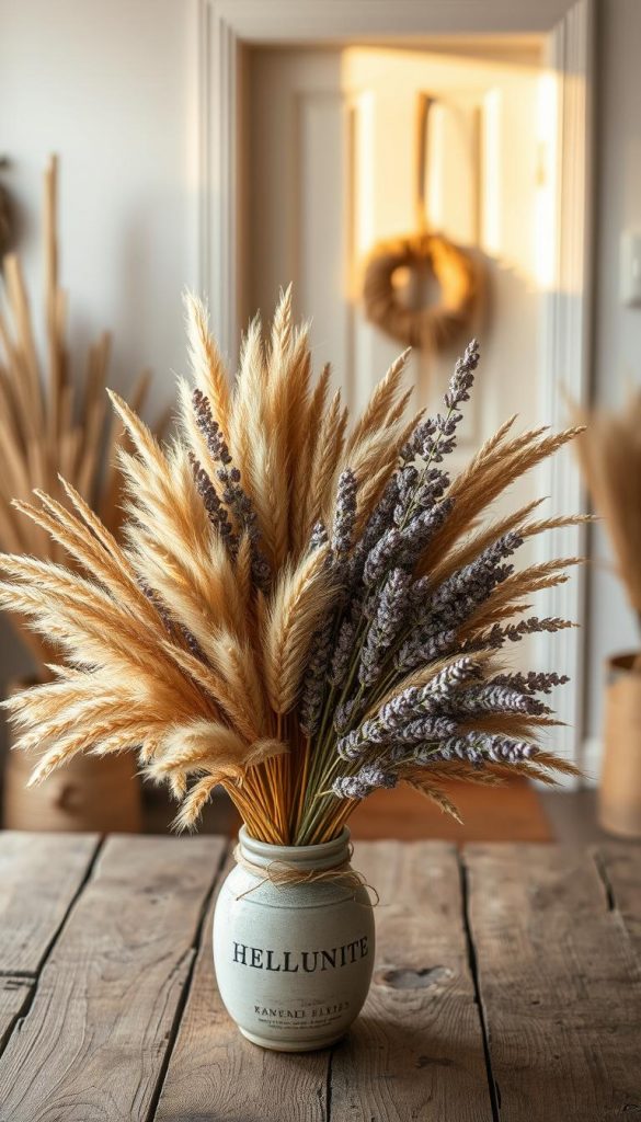 A beautifully arranged display of dried flowers (trockenblumen) showcasing a variety of textures and colors, such as soft beige pampas grass, muted lavender stems, and golden wheat. The foreground features a rustic wooden table with a vintage ceramic vase holding the dried bouquet, inspiring a warm and authentic DIY aesthetic. The middle section reveals a subtly blurred background of a welcoming entrance, with a stylish door decorated with simple natural elements that reflect the concept of upcycling and sustainability. The lighting is soft and warm, resembling golden hour, enhancing the inviting atmosphere. Capture this scene with a slight overhead angle to emphasize depth, ensuring a Pinterest-worthy, inspirational image for KlickKiste, evoking feelings of creativity and resourcefulness. A beautifully arranged display of dried flowers (trockenblumen) showcasing a variety of textures and colors, such as soft beige pampas grass, muted lavender stems, and golden wheat. The foreground features a rustic wooden table with a vintage ceramic vase holding the dried bouquet, inspiring a warm and authentic DIY aesthetic. The middle section reveals a subtly blurred background of a welcoming entrance, with a stylish door decorated with simple natural elements that reflect the concept of upcycling and sustainability. The lighting is soft and warm, resembling golden hour, enhancing the inviting atmosphere. Capture this scene with a slight overhead angle to emphasize depth, ensuring a Pinterest-worthy, inspirational image for KlickKiste, evoking feelings of creativity and resourcefulness.