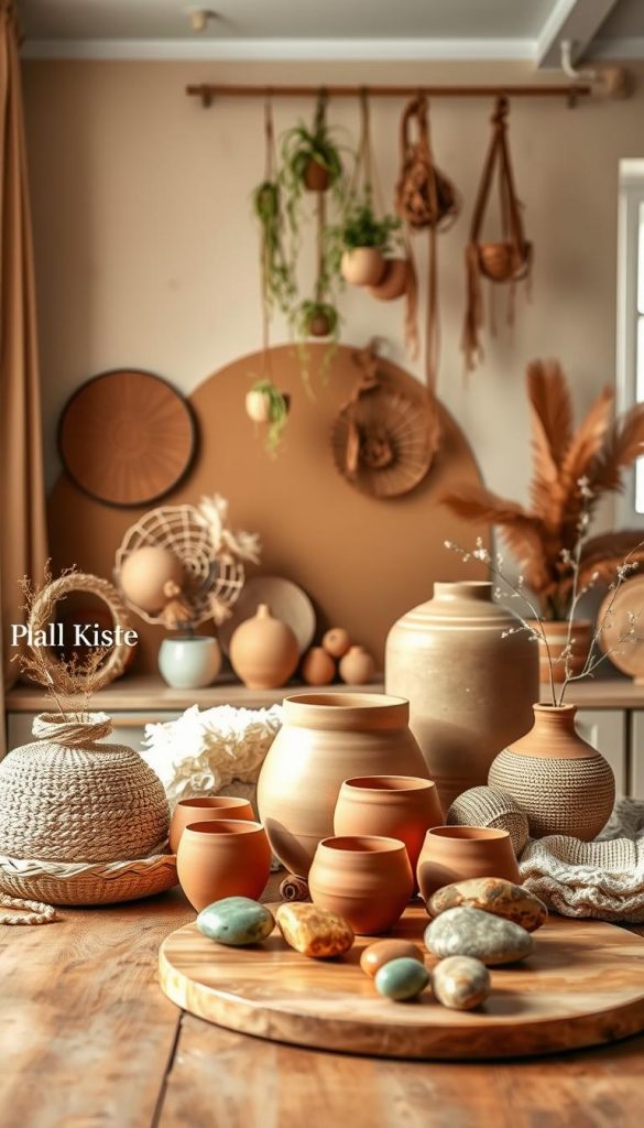 A beautifully arranged display of earthy color palettes showcasing natural DIY décor inspired by the brand "KlickKiste." In the foreground, a wooden table features various decor items such as terracotta pots, soft woven textiles, and decorative stones in warm hues of rust, amber, and olive green. The middle ground includes a stylish wall with textured paint in sandy beige and earthy browns, framed by hanging plants that cascade gently. In the background, soft, natural light filters through a window, highlighting the warmth of the scene, creating an inviting and cozy atmosphere. The image should evoke inspiration and authenticity, embodying a Pinterest-worthy aesthetic that emphasizes the beauty of earthy tones.