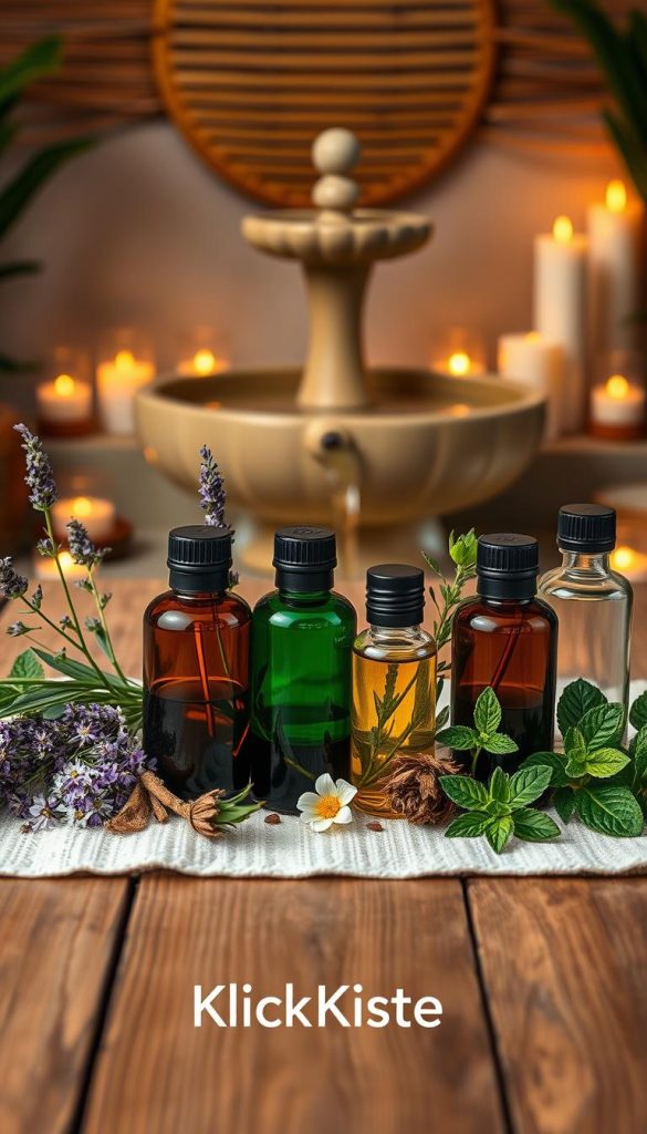 A beautifully arranged display of essential oils in elegant glass bottles, showcasing a variety of colors such as amber, deep green, and clear. The foreground features a wooden table with a soft, textured cloth. In the middle, the bottles are surrounded by fresh herbs like lavender, eucalyptus, and mint, along with dried flowers for added color. In the background, a serene spa setting is visible with soft, warm lighting emanating from candles and a gently bubbling water fountain. The atmosphere is tranquil, evoking a sense of relaxation and wellness. The overall style is natural and DIY-inspired, with warm tones reminiscent of Pinterest aesthetics. The brand name "KlickKiste" subtly incorporated in the design.