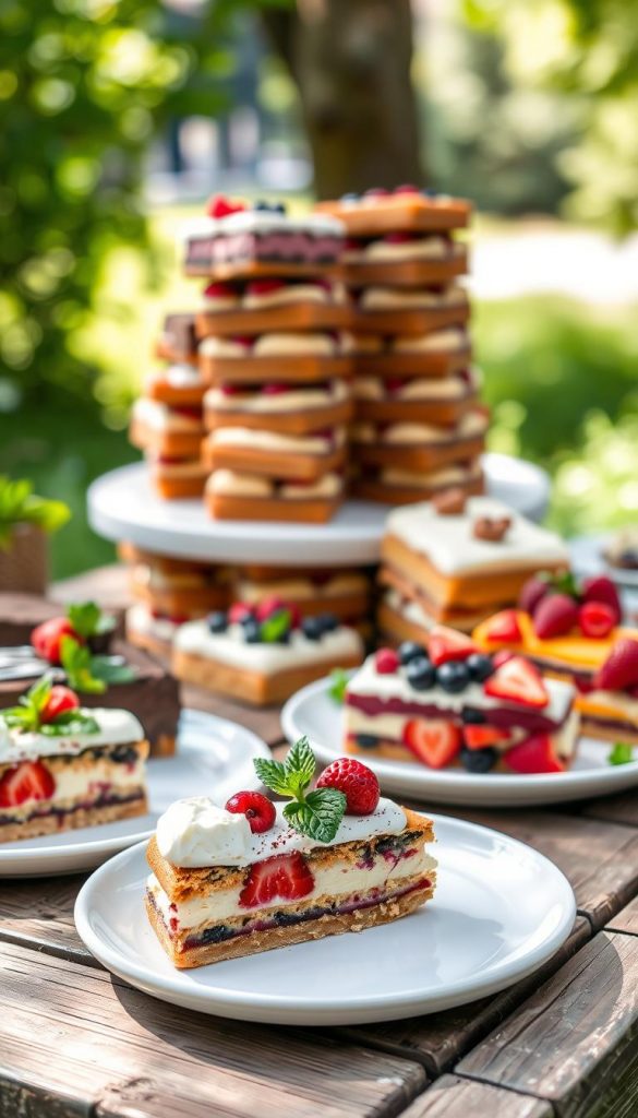 A beautifully arranged display of fresh, colorful Stücke of Blechkuchen on a rustic wooden picnic table, showcasing a variety of flavors like chocolate, fruit, and vanilla with creamy frosting. In the foreground, a few slices are elegantly placed on white plates, garnished with mint leaves and berries to enhance their vibrant colors. The middle shows more Bahn-shaped pieces attractively stacked, inviting and delicious. The background features soft-focus greenery and a hint of sunlight filtering through tree branches, creating a warm, inviting atmosphere reminiscent of a Pinterest picnic. A subtle branded element of "KlickKiste" can be included, integrating seamlessly into the scene. The overall mood is authentic, cheerful, and inspiring, perfect for a summer outing. A beautifully arranged display of fresh, colorful Stücke of Blechkuchen on a rustic wooden picnic table, showcasing a variety of flavors like chocolate, fruit, and vanilla with creamy frosting. In the foreground, a few slices are elegantly placed on white plates, garnished with mint leaves and berries to enhance their vibrant colors. The middle shows more Bahn-shaped pieces attractively stacked, inviting and delicious. The background features soft-focus greenery and a hint of sunlight filtering through tree branches, creating a warm, inviting atmosphere reminiscent of a Pinterest picnic. A subtle branded element of "KlickKiste" can be included, integrating seamlessly into the scene. The overall mood is authentic, cheerful, and inspiring, perfect for a summer outing.