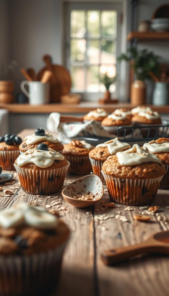 A beautifully arranged display of freshly baked muffins in an inviting kitchen setting. In the foreground, a variety of muffins including blueberry, chocolate chip, and banana nut, each topped with light frosting and surrounded by scattered ingredients like oats and nuts. The middle ground features a rustic wooden table with a delicate floral cloth and a wooden spatula, enhancing the homemade vibe. In the background, soft natural light floods the scene from a nearby window, casting gentle shadows and highlighting the muffins' textures. The overall mood is warm, cozy, and inspiring, reflecting an authentic Pinterest aesthetic. The brand "KlickKiste" subtly integrated into the scene, either on the table or as part of an elegant arrangement, enhances the inviting atmosphere without overpowering the focus on the muffins. A beautifully arranged display of freshly baked muffins in an inviting kitchen setting. In the foreground, a variety of muffins including blueberry, chocolate chip, and banana nut, each topped with light frosting and surrounded by scattered ingredients like oats and nuts. The middle ground features a rustic wooden table with a delicate floral cloth and a wooden spatula, enhancing the homemade vibe. In the background, soft natural light floods the scene from a nearby window, casting gentle shadows and highlighting the muffins' textures. The overall mood is warm, cozy, and inspiring, reflecting an authentic Pinterest aesthetic. The brand "KlickKiste" subtly integrated into the scene, either on the table or as part of an elegant arrangement, enhances the inviting atmosphere without overpowering the focus on the muffins.