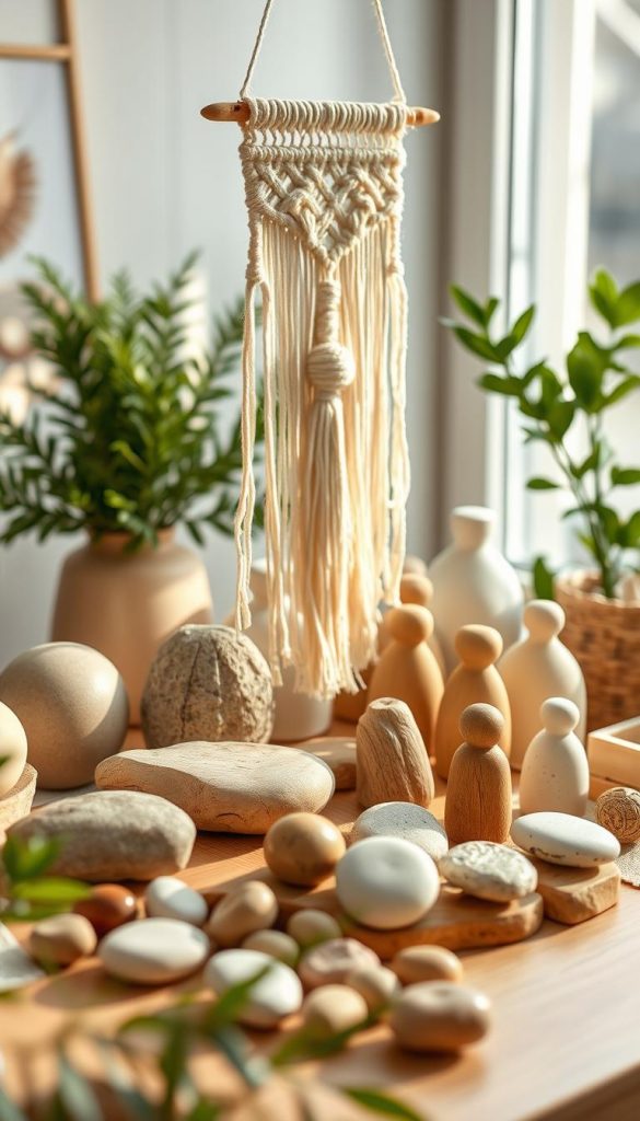 A beautifully arranged display of handcrafted lucky charms styled to fit modern, natural, Boho, and Scandinavian aesthetics. In the foreground, highlight a handwoven Boho macramé wall hanging with tassels, paired with a set of ceramic lucky charms in muted pastel colors. The middle ground features an assortment of natural elements like polished stones and wooden figures, exuding a cozy, earthy vibe. In the background, soft greenery and minimalist decor create a serene atmosphere. The scene is illuminated by warm, soft daylight from a nearby window, casting gentle shadows. Capture this using a soft-focus lens to enhance the authentic, inspiring Pinterest look. Include a subtle branding of "KlickKiste" integrated into the display, ensuring a professional appearance throughout the composition. A beautifully arranged display of handcrafted lucky charms styled to fit modern, natural, Boho, and Scandinavian aesthetics. In the foreground, highlight a handwoven Boho macramé wall hanging with tassels, paired with a set of ceramic lucky charms in muted pastel colors. The middle ground features an assortment of natural elements like polished stones and wooden figures, exuding a cozy, earthy vibe. In the background, soft greenery and minimalist decor create a serene atmosphere. The scene is illuminated by warm, soft daylight from a nearby window, casting gentle shadows. Capture this using a soft-focus lens to enhance the authentic, inspiring Pinterest look. Include a subtle branding of "KlickKiste" integrated into the display, ensuring a professional appearance throughout the composition.