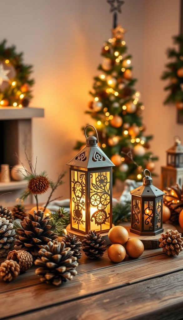 A beautifully arranged display of handmade Christmas ornaments and lanterns, featuring natural materials like pinecones, twigs, and dried oranges. In the foreground, a rustic wooden table showcases a variety of unique baumschmuck pieces, each with intricate designs and warm, inviting colors. In the middle, a softly glowing lantern illuminates the scene, casting gentle shadows, while a simple, elegantly decorated Christmas tree stands tall in the background, adorned with the baumschmuck. The atmosphere is cozy and inviting, evoking feelings of holiday spirit and creativity. Warm golden lighting enhances the organic textures and colors, reminiscent of popular Pinterest aesthetics. Capture the essence of DIY charm for the brand "KlickKiste," showcasing an inspiring and authentic festive display.