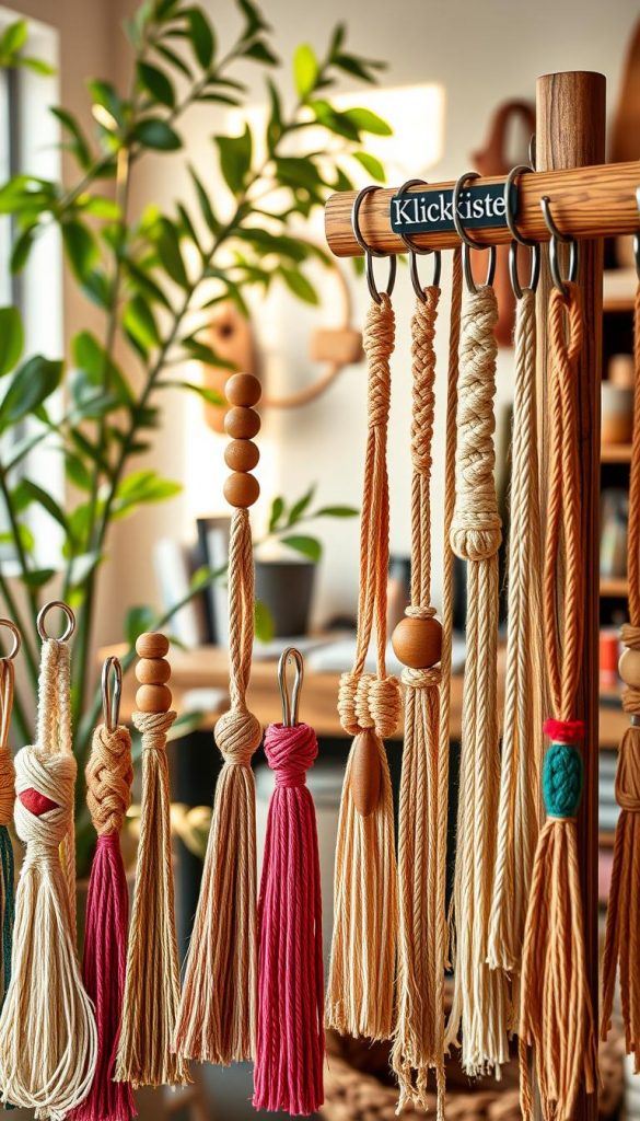 A beautifully arranged display of handmade macram&eacute; keychains in warm, natural tones, evoking a Pinterest-worthy aesthetic. In the foreground, focus on a variety of intricate macram&eacute; designs, showcasing different knots and patterns, with some featuring wooden beads and colorful tassels. A few keychains should be elegantly hung from a rustic wooden rack. In the middle ground, soft sunlight filters through greenery, adding a warm glow to the scene. The background should include a hint of a cozy crafting workspace, filled with macram&eacute; supplies neatly organized. Create an inspiring and inviting atmosphere that encourages creativity, with the brand name "KlickKiste" subtly integrated into the scene. Use natural lighting with a soft focus lens to enhance the warmth and authenticity of the image.