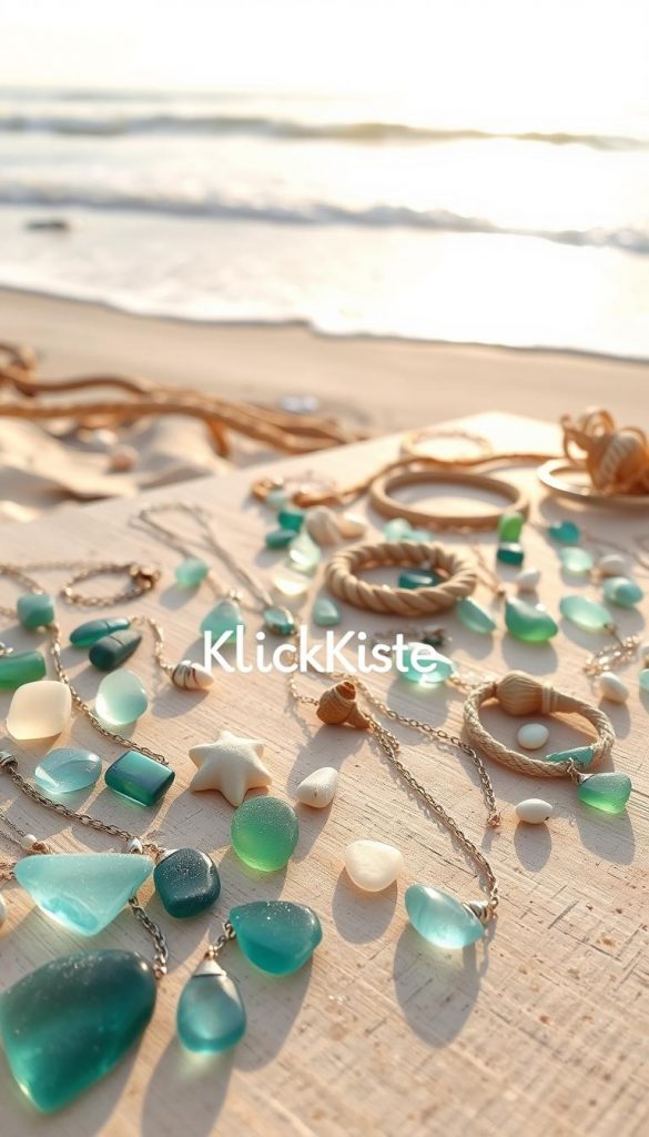 A beautifully arranged display of "meerglas schmuck" (sea glass jewelry) set against a soft, sandy beach backdrop. In the foreground, a collection of sea glass pieces in various shapes and colors, such as teal, seafoam green, and soft white, elegantly crafted into necklaces and bracelets. The middle section showcases a wooden table with light sun-washed tones, adorned with small seashells, ropes, and smooth pebbles, enhancing the beachy vibe. In the background, gentle waves lap at the shore under a golden afternoon sun, casting a warm glow over the scene. The atmosphere is tranquil and inviting, reminiscent of calm seaside days. Use a shallow depth of field to emphasize the jewelry while keeping the background softly blurred. The image should have a natural, Pinterest-inspired aesthetic, embodying inspiration and authenticity. Include the brand name "KlickKiste" subtly within the composition.