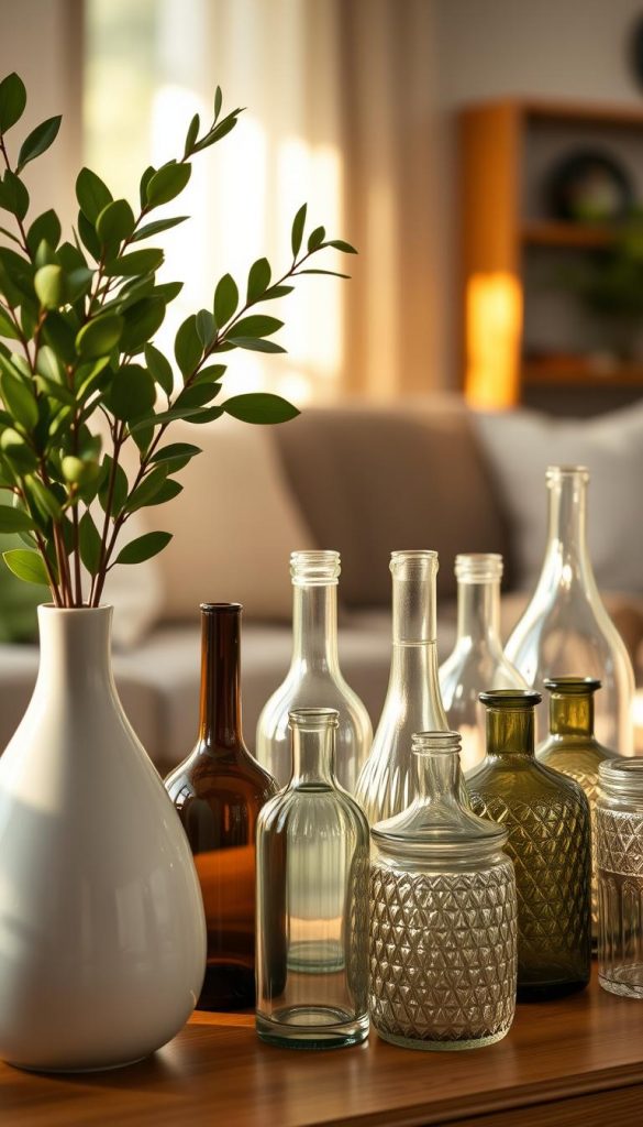 A beautifully arranged display of modern decorative elements featuring a variety of vases and glass containers from KlickKiste. In the foreground, a sleek, minimalist ceramic vase filled with fresh green foliage stands next to a set of elegant glass bottles in soft pastel colors. The middle ground showcases an assortment of textured glass vessels, catching warm, natural light that creates inviting reflections. The background hints at a cozy, softly lit living space with subtle hints of greenery and natural wood tones, enhancing the tranquil atmosphere. The overall mood is warm and inspiring, reminiscent of a curated Pinterest aesthetic, with an emphasis on natural DIY decor. The scene is framed with soft focus to highlight the beauty of each vessel while maintaining an emotional connection with the viewer.