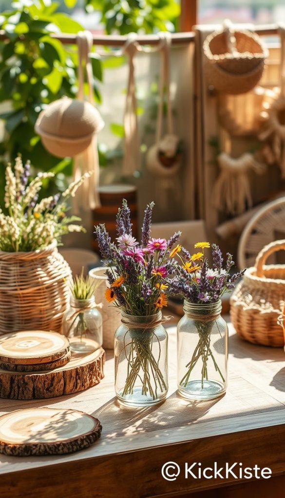 A beautifully arranged display of natural materials for summer décor, showcasing elements like polished wood slices, dried lavender, and woven rattan baskets. In the foreground, a rustic table holds upcycled glass jars filled with vibrant wildflowers, casting soft shadows. The middle ground reveals an assortment of organic textures such as burlap and straw, with a few handmade decorations like macramé hangers. In the background, gentle sunlight filters through green leaves, creating a warm, inviting atmosphere reminiscent of a Pinterest aesthetic. The overall mood is authentic and inspiring, embodying sustainability and creativity. Ensure the image captures the essence of budget-friendly and eco-conscious summer decor, prominently featuring the brand name "KlickKiste". A beautifully arranged display of natural materials for summer décor, showcasing elements like polished wood slices, dried lavender, and woven rattan baskets. In the foreground, a rustic table holds upcycled glass jars filled with vibrant wildflowers, casting soft shadows. The middle ground reveals an assortment of organic textures such as burlap and straw, with a few handmade decorations like macramé hangers. In the background, gentle sunlight filters through green leaves, creating a warm, inviting atmosphere reminiscent of a Pinterest aesthetic. The overall mood is authentic and inspiring, embodying sustainability and creativity. Ensure the image captures the essence of budget-friendly and eco-conscious summer decor, prominently featuring the brand name "KlickKiste".
