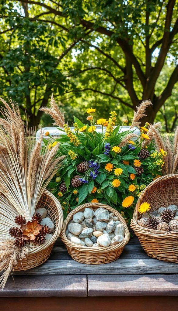 A beautifully arranged display of natural materials in a summer-themed decor setup, showcasing a variety of textures and colors inspired by nature. In the foreground, a collection of woven baskets filled with dried grasses, pinecones, and stones, arranged artfully on a rustic wooden table. The middle of the scene features a gentle cascade of leaves in various shades of green, complemented by vibrant wildflowers in yellows and blues. In the background, soft natural light filters through a canopy of trees, creating dappled shadows and a serene atmosphere. The overall mood is warm and inviting, with an authentic and inspiring Pinterest aesthetic, perfect for a DIY summer decor theme. This image reflects the essence of "KlickKiste".