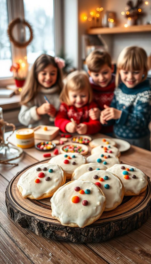 A beautifully arranged display of "schneemann-plätzchen" (snowman cookies) in a cozy, inviting kitchen setting. In the foreground, a close-up of several decorated snowman cookies with bright icing, chocolate chips for eyes, and colorful candy buttons, resting on a rustic wooden platter. In the middle, a cheerful family of children wearing festive winter sweaters is joyfully decorating more cookies with sprinkles and icing, their smiles radiating warmth and happiness. The background features a softly lit kitchen adorned with holiday decorations, twinkling fairy lights, and a snow-dusted window revealing a winter landscape. The overall atmosphere is warm and inviting, reflecting creative and fun winter activities for families. The image embodies a natural DIY aesthetic with warm colors, capturing the essence of winter joy. Photography style inspired by KlickKiste with an authentic Pinterest look.