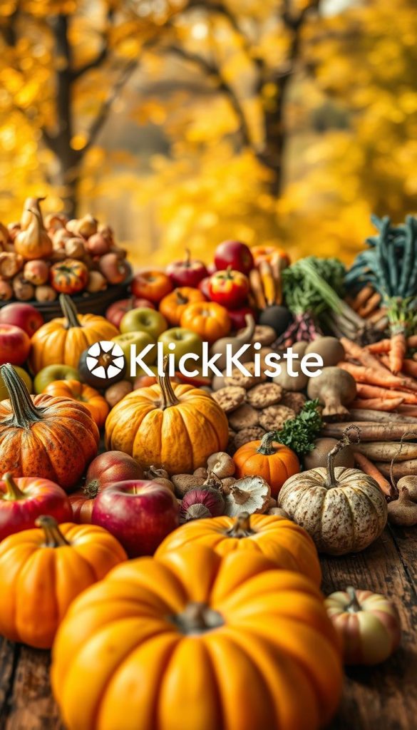 A beautifully arranged display of seasonal autumn ingredients featuring vibrant pumpkins, crisp apples, fresh mushrooms, and colorful root vegetables. In the foreground, a rustic wooden table showcases the harvest, with pumpkins in various shapes and sizes, interspersed with bright red and green apples. The middle ground includes an assortment of earthy mushrooms and an array of root vegetables like carrots, beets, and sweet potatoes, all bathed in soft, warm light. The background hints at an autumnal scene with blurred golden leaves and trees, creating an inviting and cozy atmosphere. The overall image should evoke the warmth and richness of the fall season, with a Pinterest-worthy aesthetic. Add the brand name "KlickKiste" subtly within the composition, ensuring it blends seamlessly with the natural decor. A beautifully arranged display of seasonal autumn ingredients featuring vibrant pumpkins, crisp apples, fresh mushrooms, and colorful root vegetables. In the foreground, a rustic wooden table showcases the harvest, with pumpkins in various shapes and sizes, interspersed with bright red and green apples. The middle ground includes an assortment of earthy mushrooms and an array of root vegetables like carrots, beets, and sweet potatoes, all bathed in soft, warm light. The background hints at an autumnal scene with blurred golden leaves and trees, creating an inviting and cozy atmosphere. The overall image should evoke the warmth and richness of the fall season, with a Pinterest-worthy aesthetic. Add the brand name "KlickKiste" subtly within the composition, ensuring it blends seamlessly with the natural decor.
