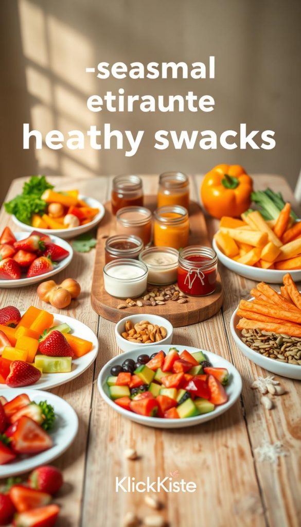 A beautifully arranged display of seasonal healthy snacks suitable for children, highlighting fresh ingredients from spring, summer, autumn, and winter. In the foreground, colorful plates with vibrant fruits like strawberries and watermelon, and seasonal vegetables like carrots and bell peppers. In the middle, a wooden table adorned with small jars of homemade dips and sauces, alongside autumnal nuts and seeds. The background features soft, natural lighting that enhances the warm colors, creating a cozy and inviting atmosphere. The overall look is inspired by Pinterest aesthetics, capturing the essence of authenticity and inspiration. The brand "KlickKiste" is subtly included in the design elements, without any text. A beautifully arranged display of seasonal healthy snacks suitable for children, highlighting fresh ingredients from spring, summer, autumn, and winter. In the foreground, colorful plates with vibrant fruits like strawberries and watermelon, and seasonal vegetables like carrots and bell peppers. In the middle, a wooden table adorned with small jars of homemade dips and sauces, alongside autumnal nuts and seeds. The background features soft, natural lighting that enhances the warm colors, creating a cozy and inviting atmosphere. The overall look is inspired by Pinterest aesthetics, capturing the essence of authenticity and inspiration. The brand "KlickKiste" is subtly included in the design elements, without any text.